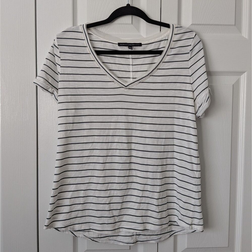 White House Black Market WHBM Striped White Green Short Sleeve Tee Large Summer